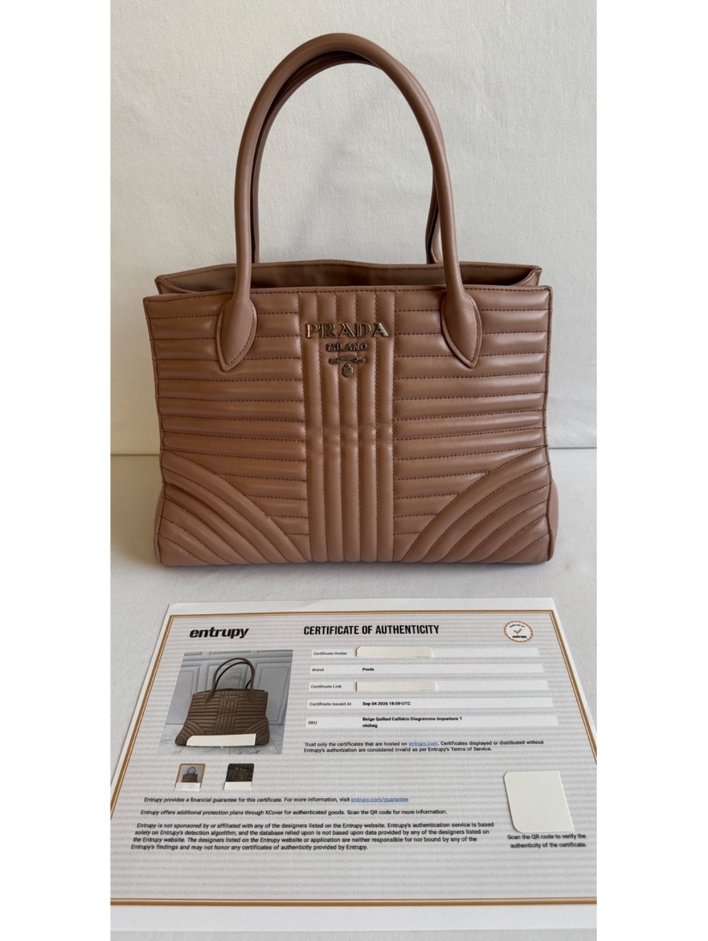 Prada Diagramme Quilted Calfskin Leather Tote Bag Nude / Blush Entrupy COA